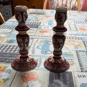 Set of 2 Delft Made in Holland Elegant Red and White Candlestick Set
